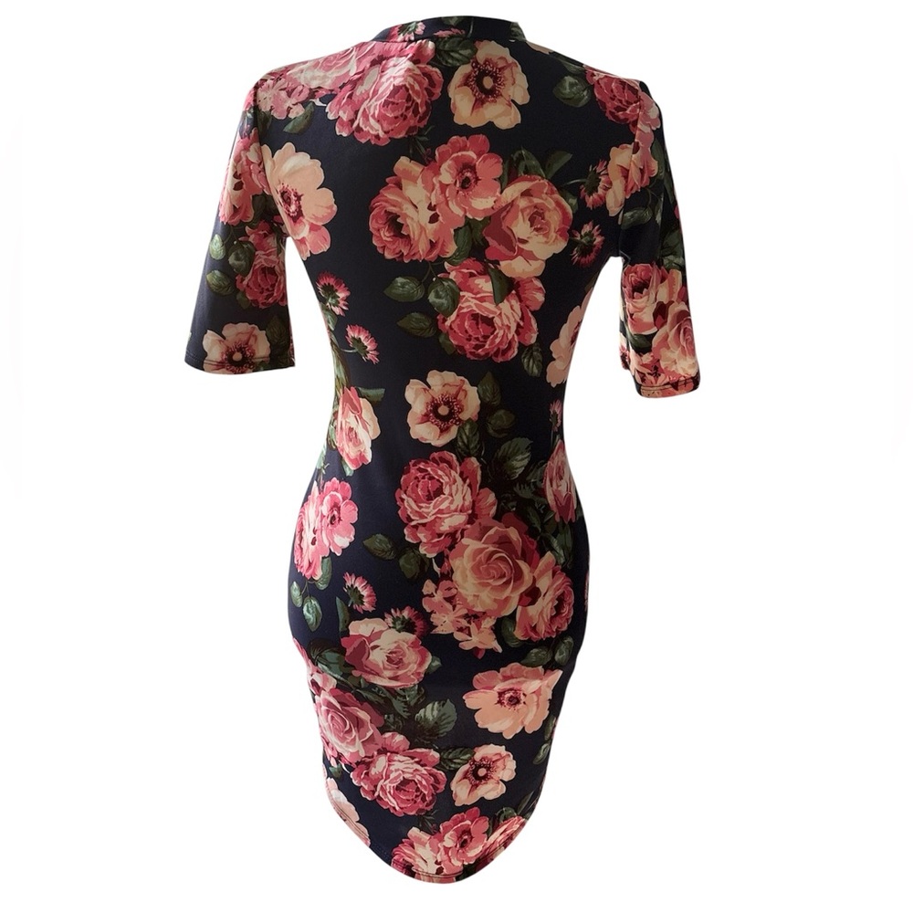 Floral Bodycon Dress Navy Pink Roses Half Sleeve Fitted Sheath Dress - Picture 5 of 9